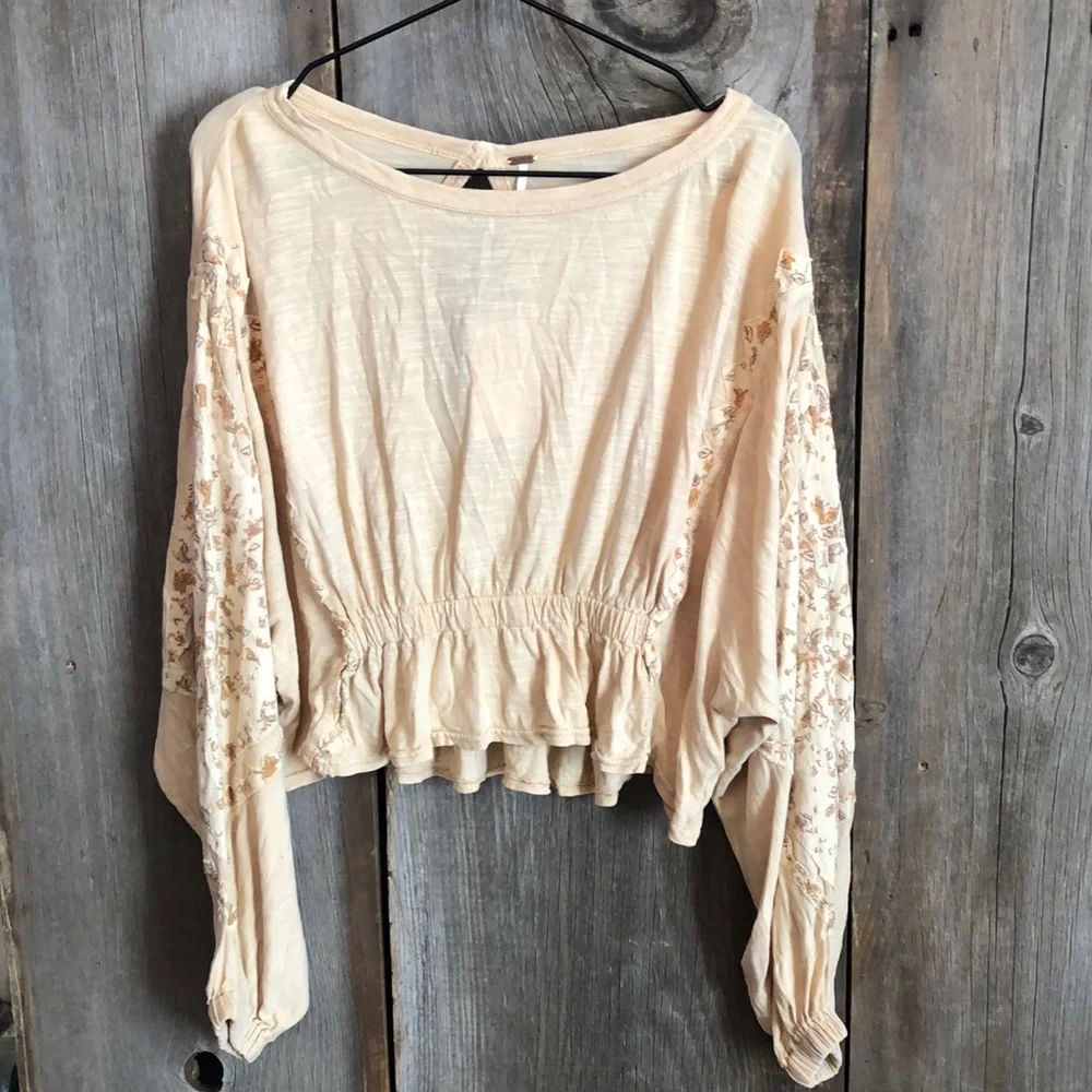 Free People Throwback Embroidered Volume Sleeve Top in Sand Combo Size S…